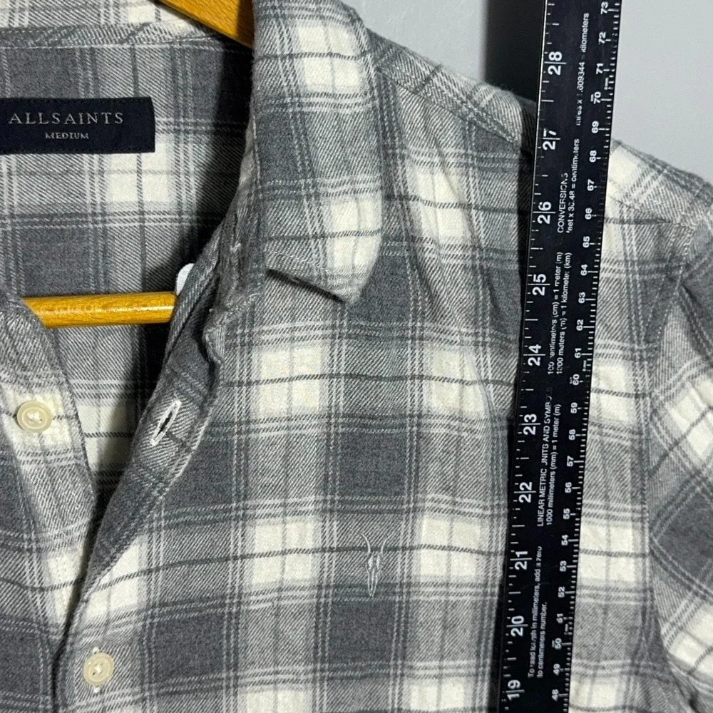 AllSaints Slim Fit Shirt Mens Size Medium Cotton Plaid Grey Flannel Button Down